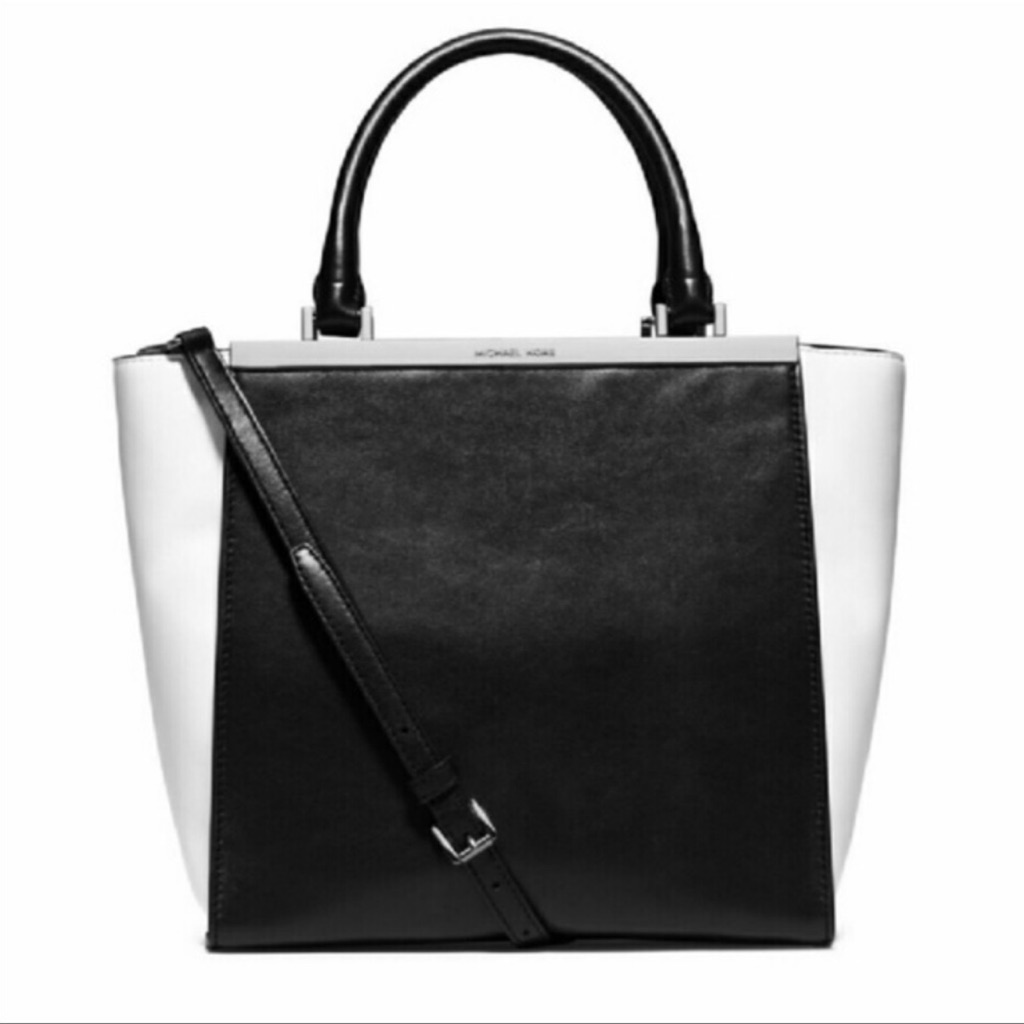 Nwot Michael Kors Lana Medium Leather Tote Black Optic White